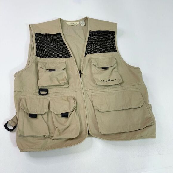 Vintage Eddie Bauer Fishing Vest Mens Medium Pockets Mesh Tan Khaki Utility - Picture 1 of 9